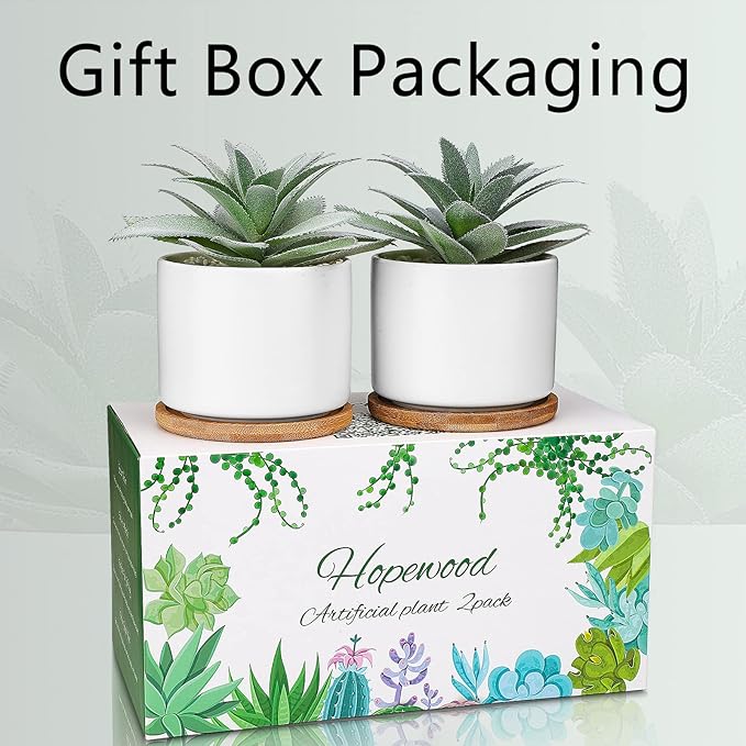 Hopewood Artificial Succulents Plant, Faux Agave Succulent Plant in Ceramic Pots with Bamboo Tray, Fake Potted Plants for Office Desk Living Room Decor(Set of 2)