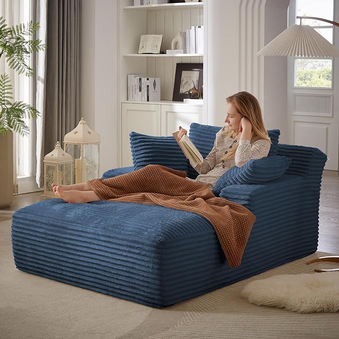 Boneless Couch Sofa Chiar Chaise Lounge Chair Indoor Upholstered Corduroy Couch Cloud Sleeper Sofa Oversized Reading Chair for Living Room No Assembly Required (Blue, 50" W x 67" D)