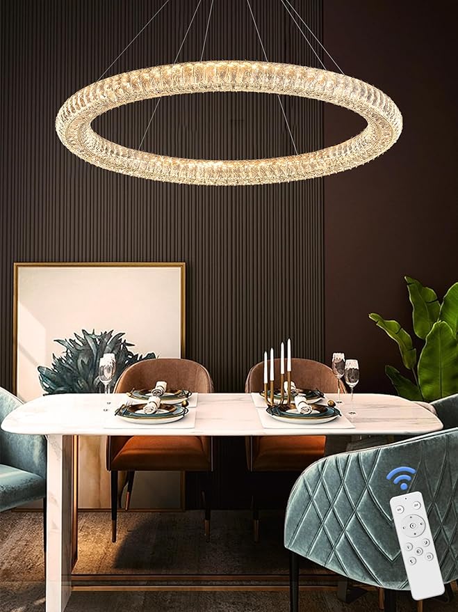 Modern Gold Crystal Chandelier Dimmable LED 47.5" Ring Pendant Light Adjustable Round Crystal Chandelier Light Fixtures for Dining Room Living Room