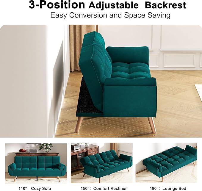 Futon Couch for Small Spaces & Apartment, 2-in-1Modern Comfy Loveseat Convertible Sofa Bed, 75.4-Inch Compact Design for Living Room, Dorms, and Studios-Green
