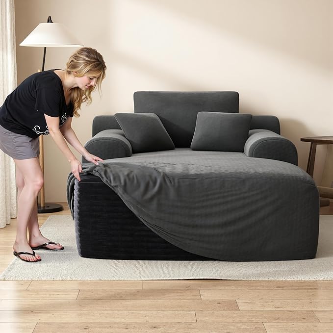 67" Oversized Chaise Lounge Chair with Cover, Comfy Sleeper Sofa Bed, Black Plush Corduory Couch for Living Room,Sofa in A Box,No Assembly Required (Pet Dark Grey Cover).