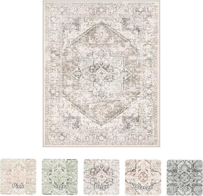 LIVEBOX 8X10 Area Rugs for Living Room, Washable Beige Neutral Boho Rugs Large Soft Non-Slip Rug, Low-Pile Vintage Medallion Rug, Retro Faux Wool Indoor Carpet for Dining Room Bedroom Office