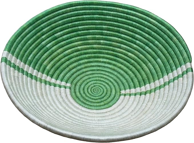 Handwoven African Basket Handmade sisal Fruit Bowl Wall Hanging decorative Baskets for Home Living Room Kitchen Centerpiece Zen Designs Arts and Crafts (Green Off White, 12in diameter)