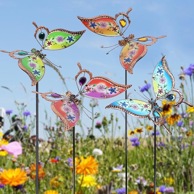 Juegoal Set of 4 Butterfly Garden Stake Decor, 32" Metal Colorful Butterflies Stakes, Yard Art Ornaments for Mom, Mothers Day Ideal Gifts, Outdoor Lawn Porch Pathway Patio Plant Pot Flower Bed