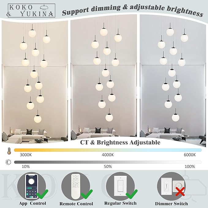 KoKo&Yukina 12-Light Black Mid Century Modern Chandelier for Living Room Staircase Chandelier for Entryway Globe Milky White Glass Pendant Light High Ceiling Chandeliers Foyer (Bulb & Remote Incl.)