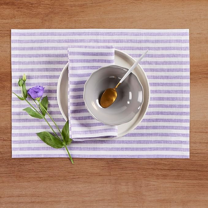 Solino Home Linen Cloth Napkins Set of 4-100% Pure Linen Violet and White Striped Dinner Napkins 20 x 20 Inch - Amalfi Stripe, Handcrafted and Machine Washable