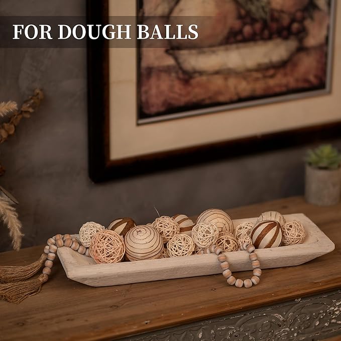 Hanobe Decorative Wood Dough Bowl: Large Long Wooden Bowl for Entry Way Table Home Decor - Coffee Table Decor for Living Room - Dining Table Centerpiece Decor, White