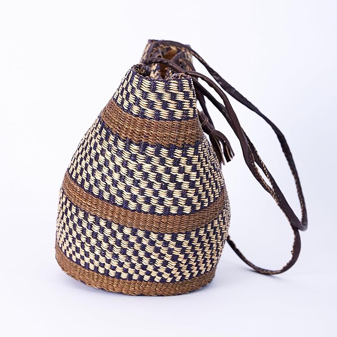 AYÉYA Handwoven African Shoulder Tote Basket – Large Market Bag with Leather Straps – One-of-a-Kind Wicker Garden, Harvest, or Shopping Basket – Handmade in Ghana
