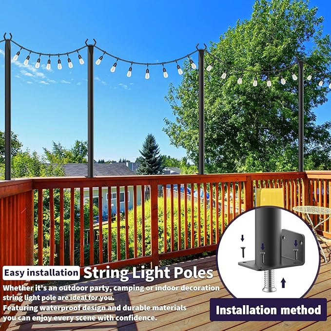 5Ft String Light Poles 10 Pack,Light Poles for Outside Lights,Outdoor with Fence Brackets Hanging Lights,Metal Stand Deck Patio Backyard