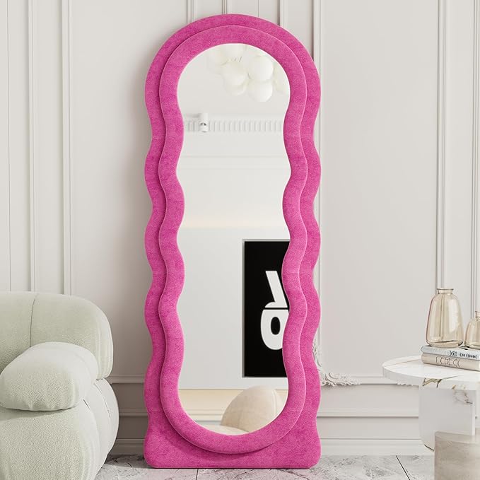 Full Length Mirror, 63"x24" Wavy Floor Mirror, Arched Standing Mirrors Full Length, Cloud Shaped Flannel Wall Mirror, Dressing Body Mirrors Hanging or Leaning Against Wall for Bedroom (Pink)