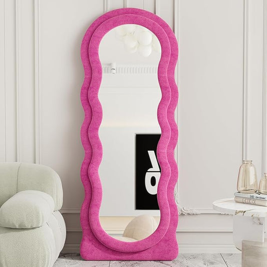 Full Length Mirror, 63"x24" Wavy Floor Mirror, Arched Standing Mirrors Full Length, Cloud Shaped Flannel Wall Mirror, Dressing Body Mirrors Hanging or Leaning Against Wall for Bedroom (Pink)