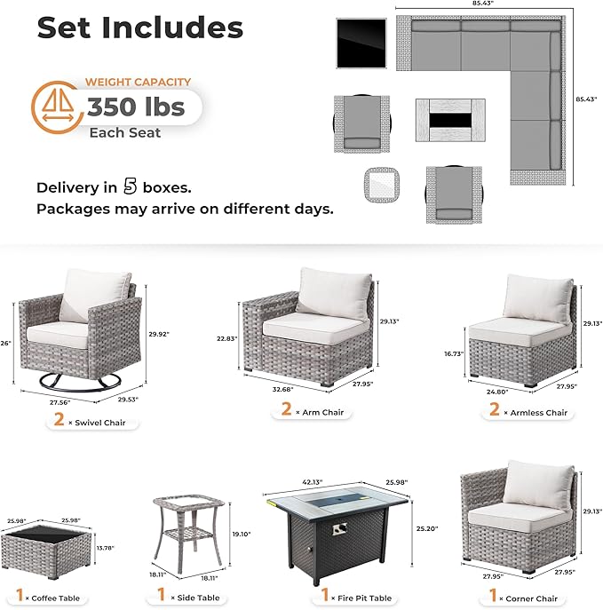 ovios 10 Pieces Patio Furniture Set, Outdoor Wicker Sectional Sofa with 42" Fire Pit Table Swivel Chairs, Modern Modular Deep Seat Rattan Couch Conversation Sets, Beige