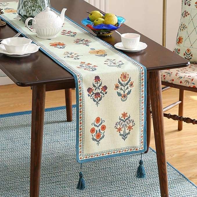 ISAENNE Designer Light Green Linen Table Runner 102 Inches Long,French Floral Patterns Elegant Table Runner for Dining Tables,Thanksgiving,Kitchen Tables,Christmas,12"*102"-Floralsea B