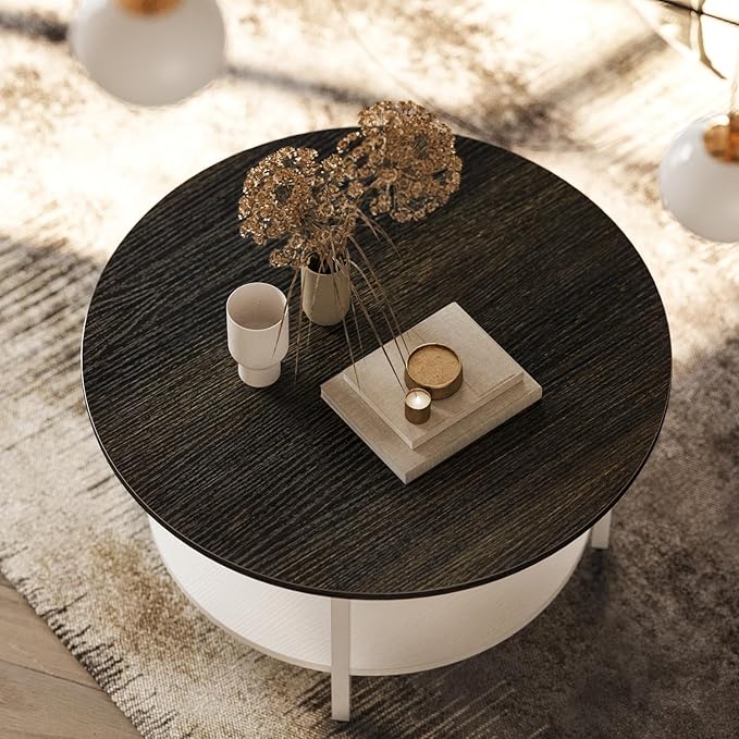 FABATO Round Lift Top Coffee Table with Storage and Hidden Compartment, 26.77'' Farmhouse Coffee Table for Living Room Reception Room, 2 Tier Small Round Coffee Table Circle Dining Table, White