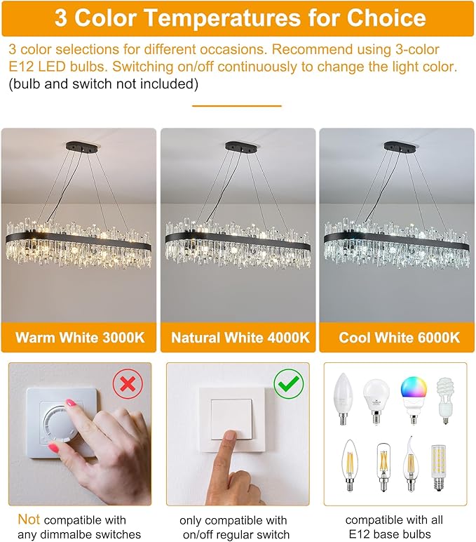 Rectangle Crystal Chandeliers, L43.4 inch 20-Light Black Chandelier Lighting Fixture, Height Adjustable Oval Pendant Ceiling Light for Dining Room Over Table Kitchen Island