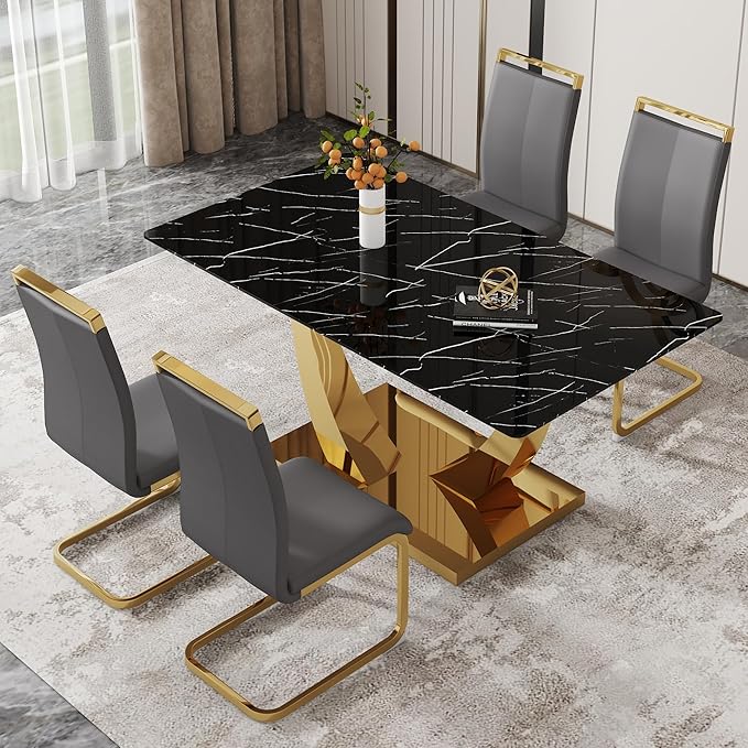 63” Dining Room Table Set for 4,Modern Gold Dining Table Set for 4, Rectangle kitchen Table Set With PU Leather Chairs,Black Faux Marble Dinner Table Set with Tempered Glass Top and Golden Base