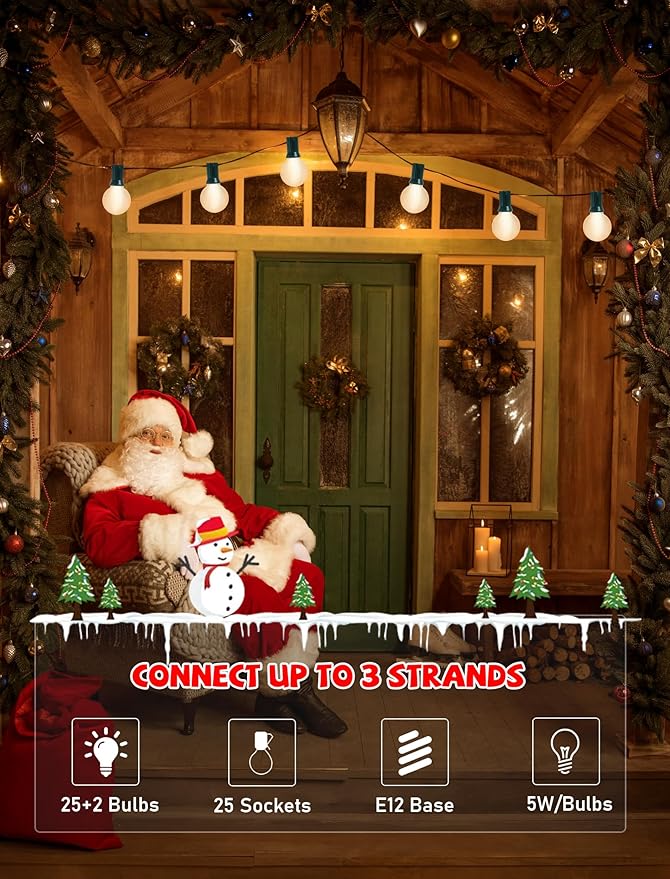 Outdoor String Lights 25Ft G40 Globe Patio String Light with 27 Frosted White Bulbs(2 Spare) Hanging Outdoor Christmas Lights for Backyard Porch Balcony Party Christmas Decor