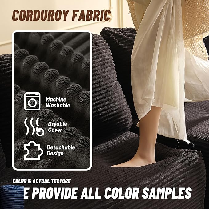 138" Boneless Couch with Deep Seat, Modular Sectional Sofa, Cloud Sectional Couch for Living Room, No Assembly Required, Corduroy, 4 Seater L-Shape Left, Black