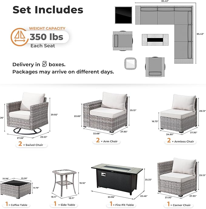 ovios 10 Pieces Patio Furniture Set, Outdoor Wicker Sectional Sofa with 54" Fire Pit Table Swivel Chairs, Modern Modular Deep Seat Rattan Couch Conversation Sets, Beige