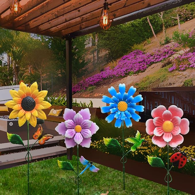Solar Garden Stake Lights, Metal Flower Design, 4 Pc. Set for Outdoor Decor, Garden, Patio, Pathway