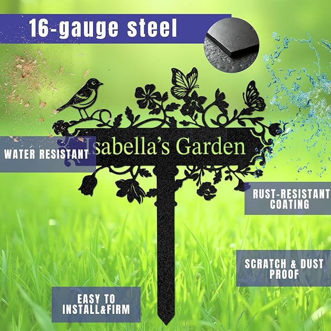 Custom Metal Garden Stake, Personalized Name Sign Decor, Hummingbird Yard Sign with Stakes, Outdoor Gardening Home Decor, Garden Metal Gifts for Gardeners