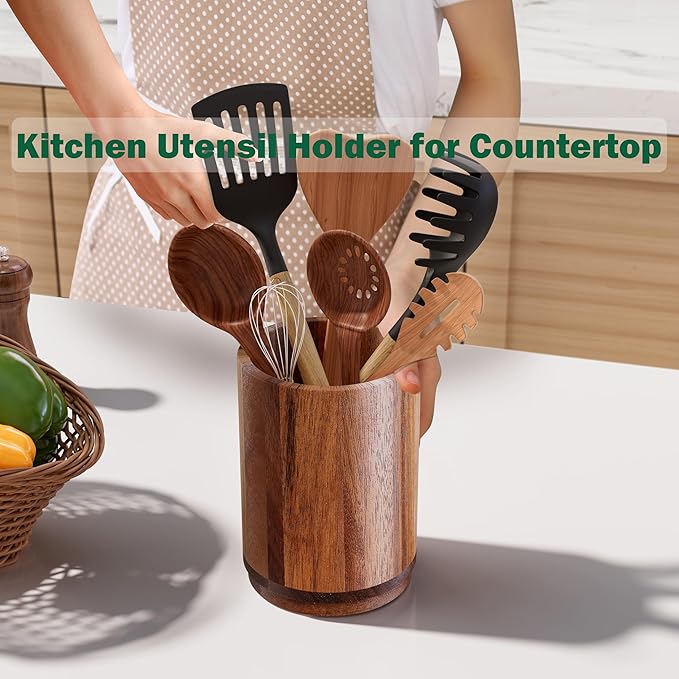 Utensil Holder, Acacia Wood Kitchen Utensil Holder for Countertop, 360°Rotating Cooking Utensil Crock for Kitchen Counter, 7.2" Large Utensil Organizer for Spatula