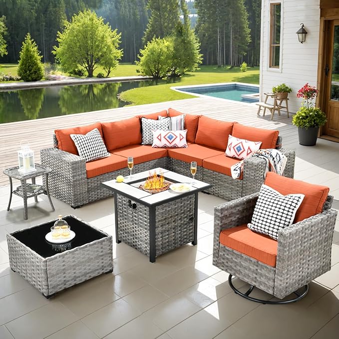 ovios 9 Pieces Patio Furniture Set, Outdoor Wicker Sectional Sofa with 30" Fire Pit Table Swivel Chair, Modern Modular Deep Seat Rattan Couch Conversation Sets, Orange Red