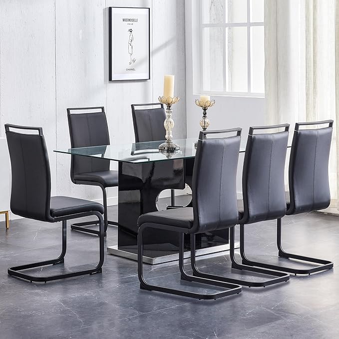 Glass Dining Room Table Set for 6,Dining Table Set for 6 with PU Leather Chairs,Retangular Dining Table with MDF Table Legs and Sliver Base for Dining Room