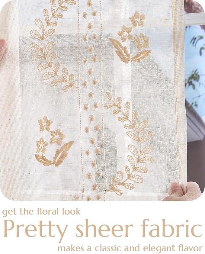 jinchan Belrose Linen Sheer Curtains for Living Room 63 Inch Length Sheer Voile Embroidered Floral Curtains for Bedroom Light Filtering Rod Pocket Window Treatments Farmhouse Decor 2 Panels Beige