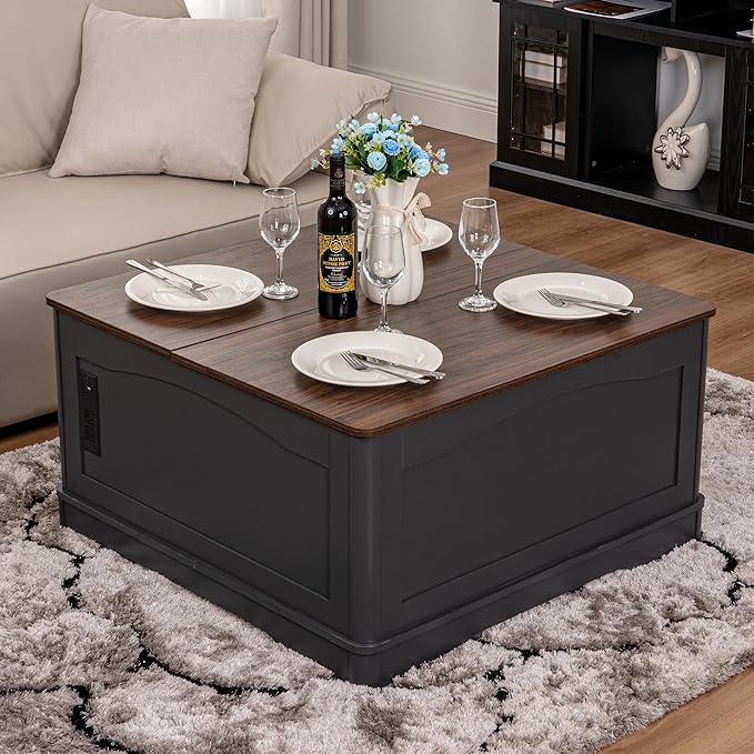 35" Farmhouse Lift Top Coffee Table, Wood Square Center Table with Charging Station, Living Room Table Hidden Storage, Living Room, Bedroom, Office, AC, USB Output (Walnut Black, 35.4 inch)