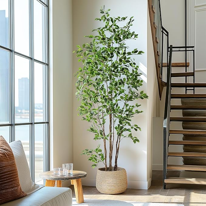 Artificial Ficus Tree Indoor 8ft, Large Potted Faux Tree with Realistic Silk Leaves & Trunk for Home Office, Living Room Corner Decor