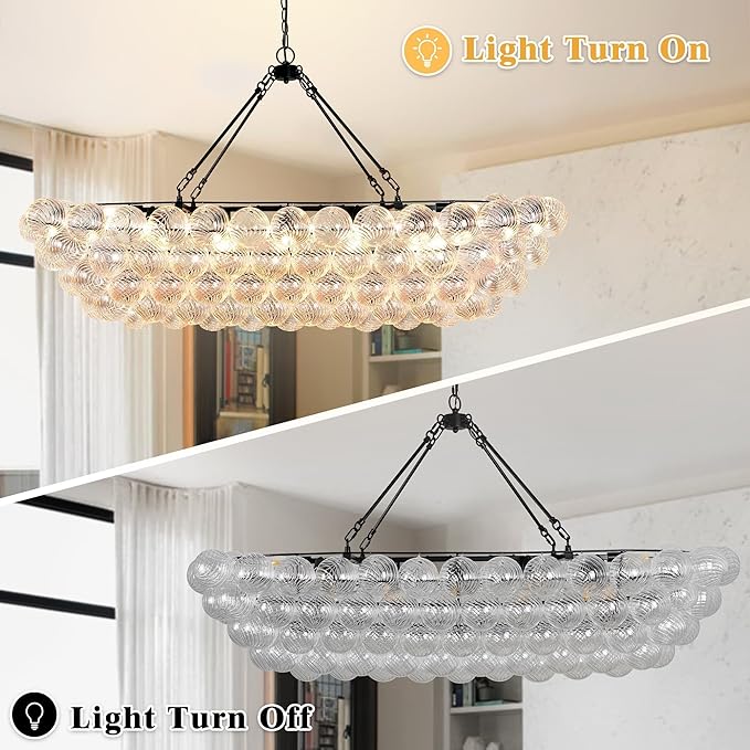 Modern Glass Chandelier Luxury Bubble Chandelier Black Clear Blown Glass Large Pendant Light for Dining Room, Living Room, Foyer, Staircase Dia 55"