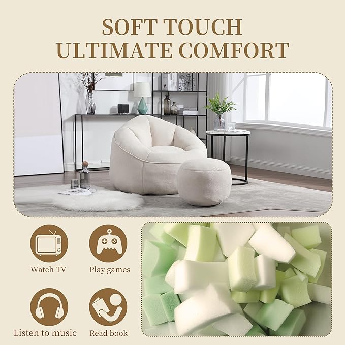 Bean Bag Sofa Chair with Foam Padded Velvet Bean Bag Chair with Soft Foam Padded Ottoman
