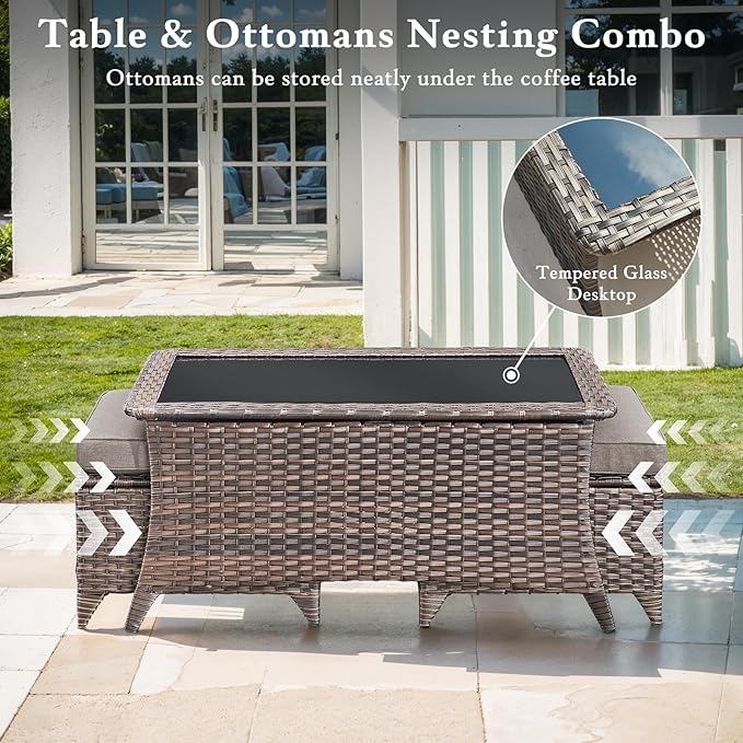 Luxury High Back Outdoor Furniture with 6-inch Extra Thick Cushions, Patio Furniture Set with Swivel Chairs, 10 PCS Wicker Conversation Set for Yard, Deck, Poolside, Brown/Grey