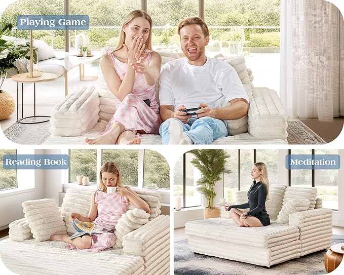 VanAcc 53 Inch Chaise Lounge Indoor, Plush Sleeper Chair with Throw Pillows, Upholstered Sofa Bed with Armrests, Plush Chair Bed for Living Room(Creamy White)