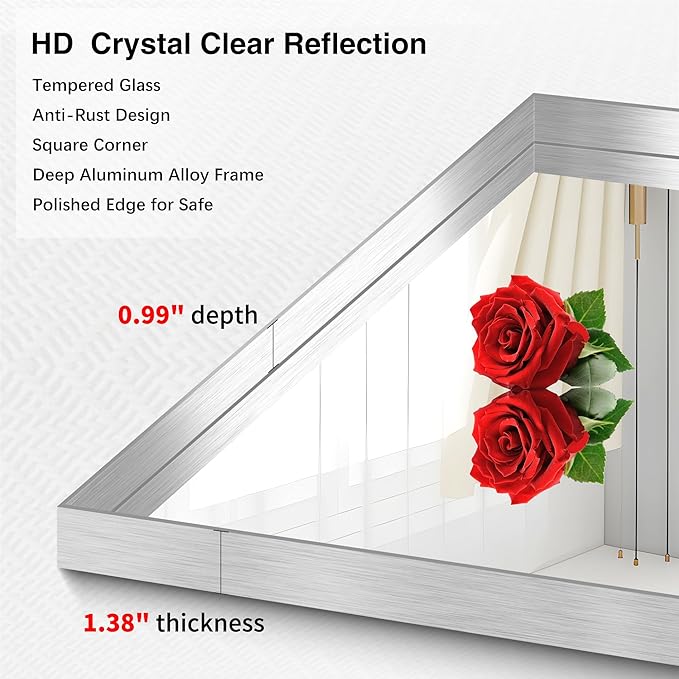 Silver Bathroom Mirror, 60x40 Inch Rectangular Framed Mirror, Large Wall Mounted Bathroom Vanity Mirror Over Sink for Bedroom,Restroom, Living Room, Hangs Vertically or Horizontally