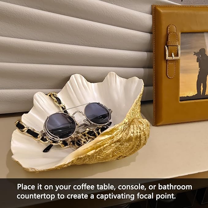 Medium Pearl White Gold Scalloped Clam Shell Bowl Sea Shell Decor for Nautical Beach House,Coastal Decor Gift of Housewarming and Wedding Party