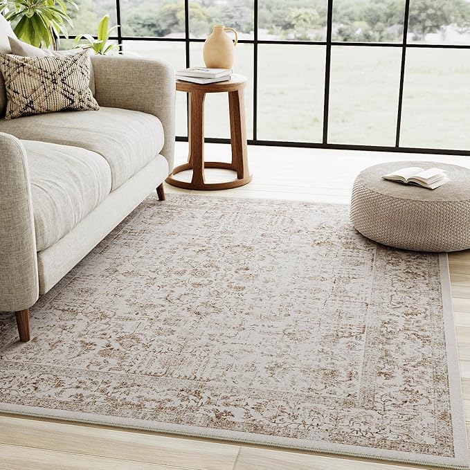 Light Brown Area Rug 4x5 Office Entryway Rug Machine Washable Kitchen Vintage Distressed Non Slip Carpet Indoor Retro Floral Accent Throw Door Mat for Bathroom Bedroom Dining Living Room