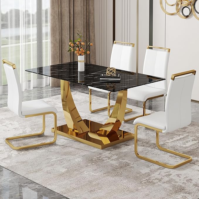 63” Dining Room Table Set for 4,Modern Gold Dining Table Set for 4, Rectangle kitchen Table Set With PU Leather Chairs,Black Faux Marble Dinner Table Set with Tempered Glass Top and Golden Base