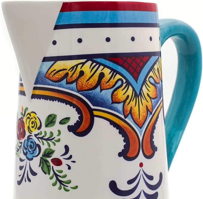 Euro Ceramica Zanzibar Collection Vibrant 9.4" Decorative Ceramic Pitcher, 2.5LT, Spanish Floral Design, Multicolor