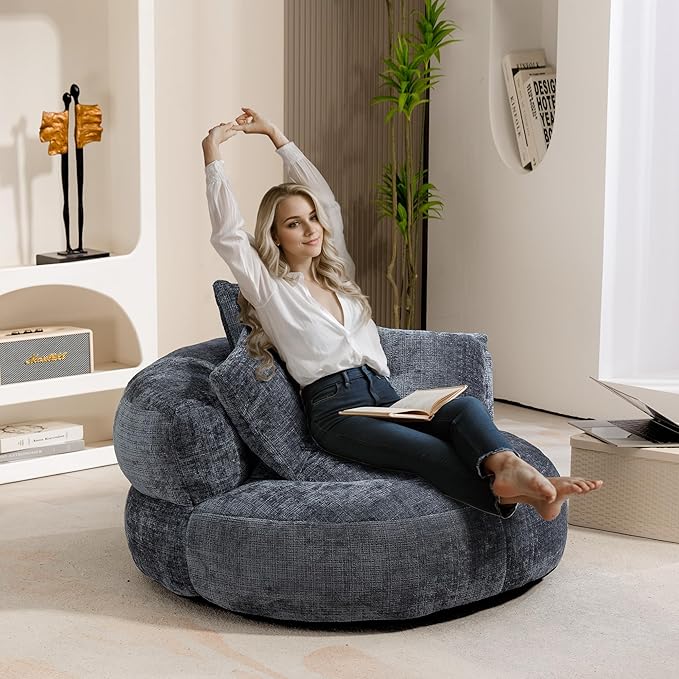 42'' Oversized Round Chair, Single Lounge Chaise Upholstered Sofa Bed with Deep Seat, Chenille Bean Bag Chiar with Pillows for Living Room, Bedroom, Apartment, Reading, No Assembly (Gray)