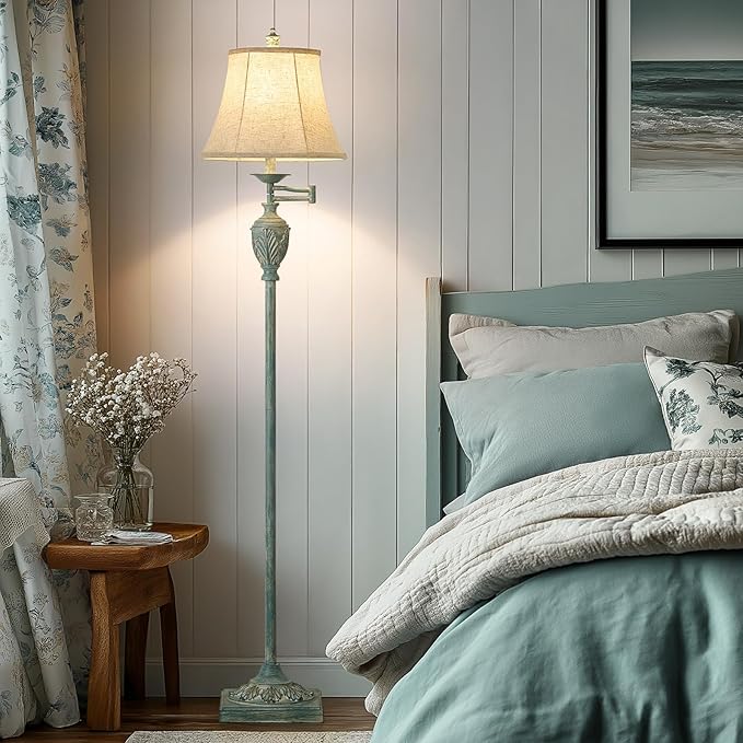 Traditional LED Floor Lamp with 350° Adjustable Swing Arm Lamp – Vintage Standing Pole lamp for Living Room, Bedroom and Office – Rustic Upright Floor Light for Home Décor with Faux Silk Fabric Shade