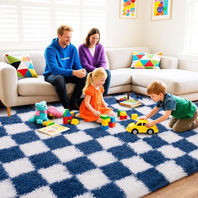 Checkered Rugs for Bedroom, Ultra Fluffy Fuzzy Shag Area Rug for Living Room 5x7, Modern Plush Soft Upgrade Non-Slip Carpet for Kids Girls and Boys Room Dorm Nursery Home Decor, Navy and White