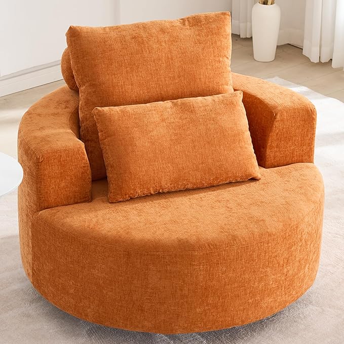 Furnimart Oversized Barrel Accent Chair, 360° Swivel Round Upholstered Sofa, Chenille High-Resilience Sponge, No Assembly Wide Seat for Living Room, Bedroom, Apartment (Orange)