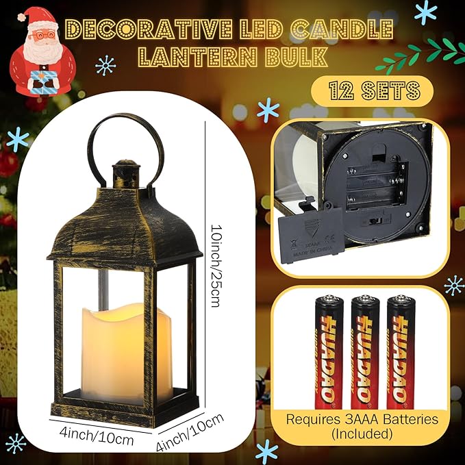 12 Set 10 Inch Bronze Decorative Candle Lanterns Bulk Lanterns Centerpiece with LED Flameless Candle Indoor Outdoor Battery Powered Hanging Lights for Wedding Halloween Thanksgiving Christmas