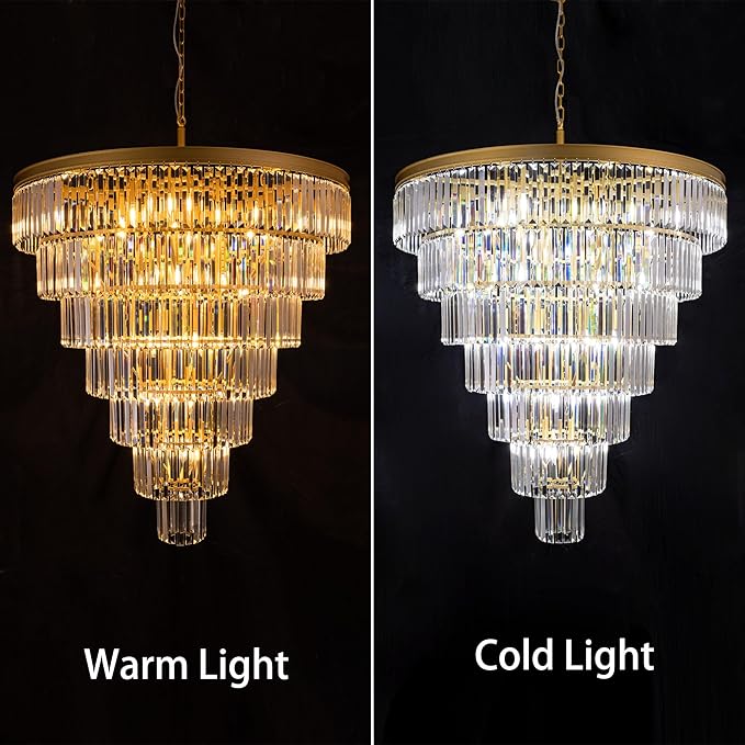 TOCHIC Large Crystal Chandelier for High Ceiling, 40-inch 7-Tier Modern Gold Crystal Chandeliers Lighting Fixture, Raindrop K9 Round Light for Entryway Staircase Foyer Living Bedroom Dining Room