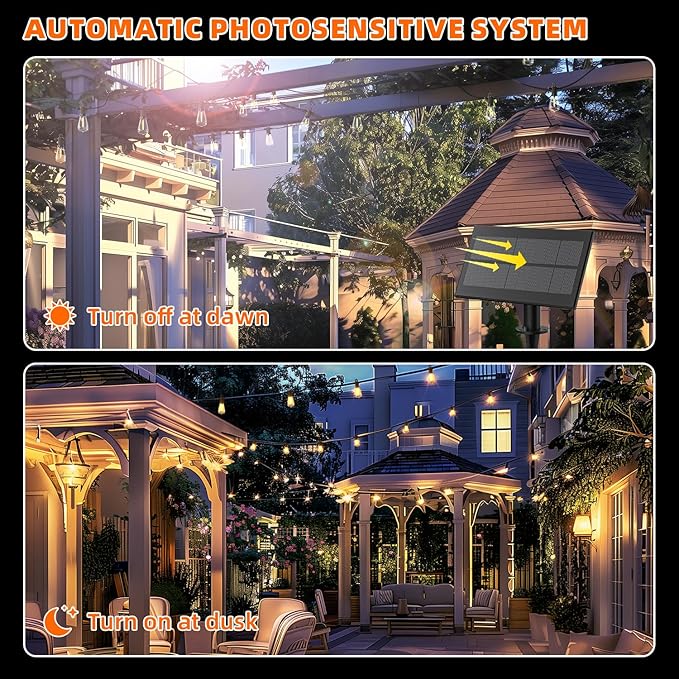 Kawaya Solar Powered String Lights for Outside: 100 FT LED Outdoor Patio Lights with USB-Charging - IP65 Waterproof Hanging Light - 50+2 Shatterproof Edison Bulbs for Bistro Cafe Camp Yard Balcony