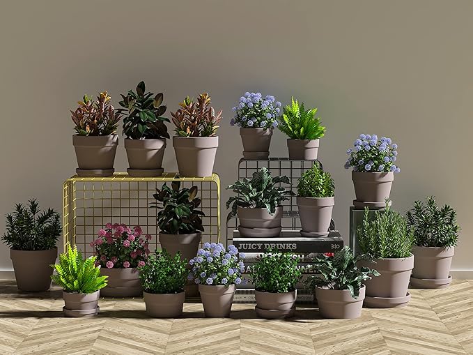 Fcacti 4 Inches Small Grey Terracotta Pots with Saucer, 6 Pack 4" Terra Cotta Planter with Drainage Holes, Small Clay Flower Pots for Plants, Succulents, Crafts, Wedding Favor