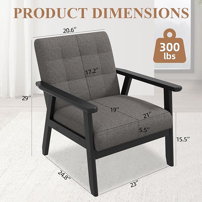 Westice Accent Chair Set of 2, Mid-Century Modern Living Room Chairs with Solid Wood Frame & Soft Thicken Cushion, Upholstered Arm Reading Chair for Bedroom, Balcony, Grey Linen Fabric & Black Legs