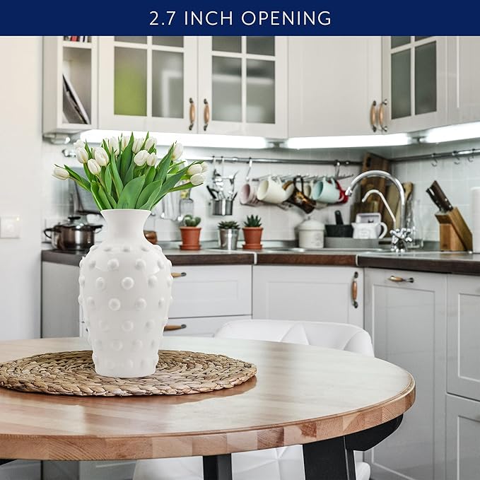 AuldHome Vintage White Hobnail Ceramic Vase, 11 inches tall, 5.4 inch diameter